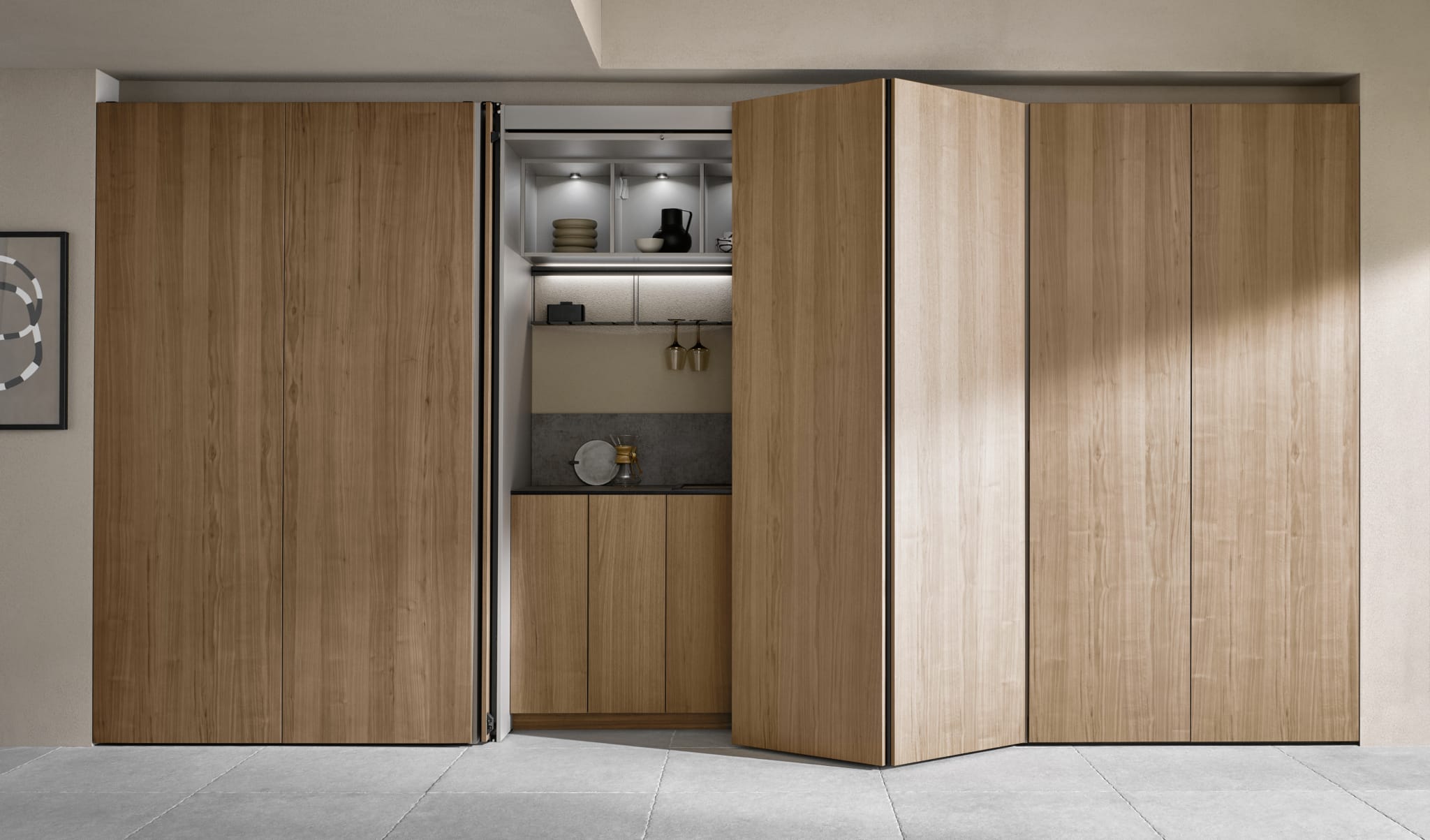 Détails de la cuisine Bauformat Sydney 530 Strassburg avec portes escamotables posée à Biarritz